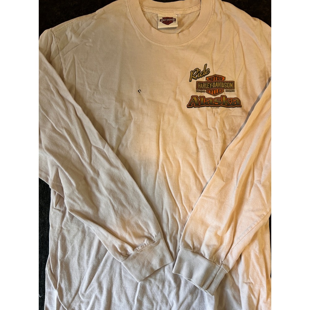 Harley Davidson Alaska Mt McKinley Denali Park Mens Long Sleeve Tee M sm stain